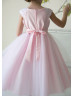 Cap Sleeves Satin Tulle Tea Length Flower Girl Dress With Flower Sash